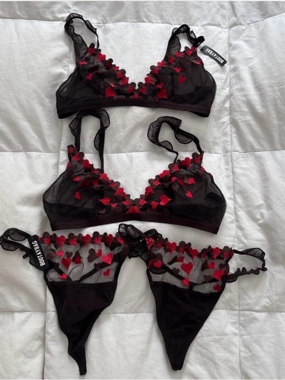 Sheer Black Bralette & Thong Set with Red Heart Embroidery